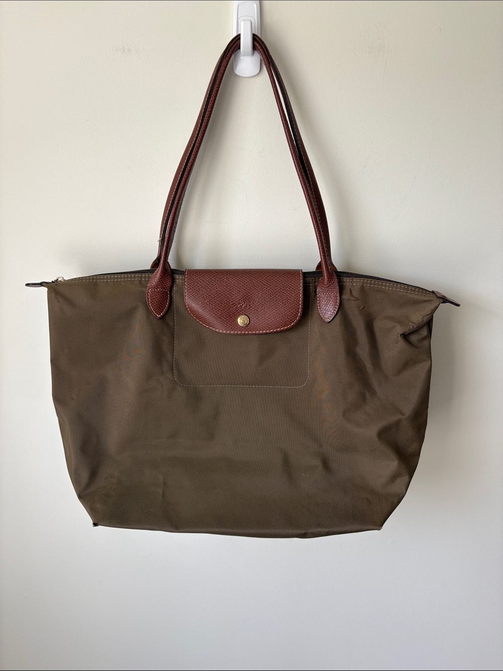 Longchamp Olive Green Tote with Brown Leather Handles